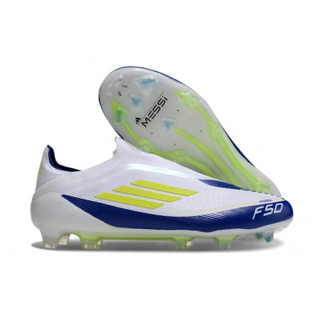 Botas adidas F50 Elite Laceless FG Blanco Amarillo Solar Azul Lúcido